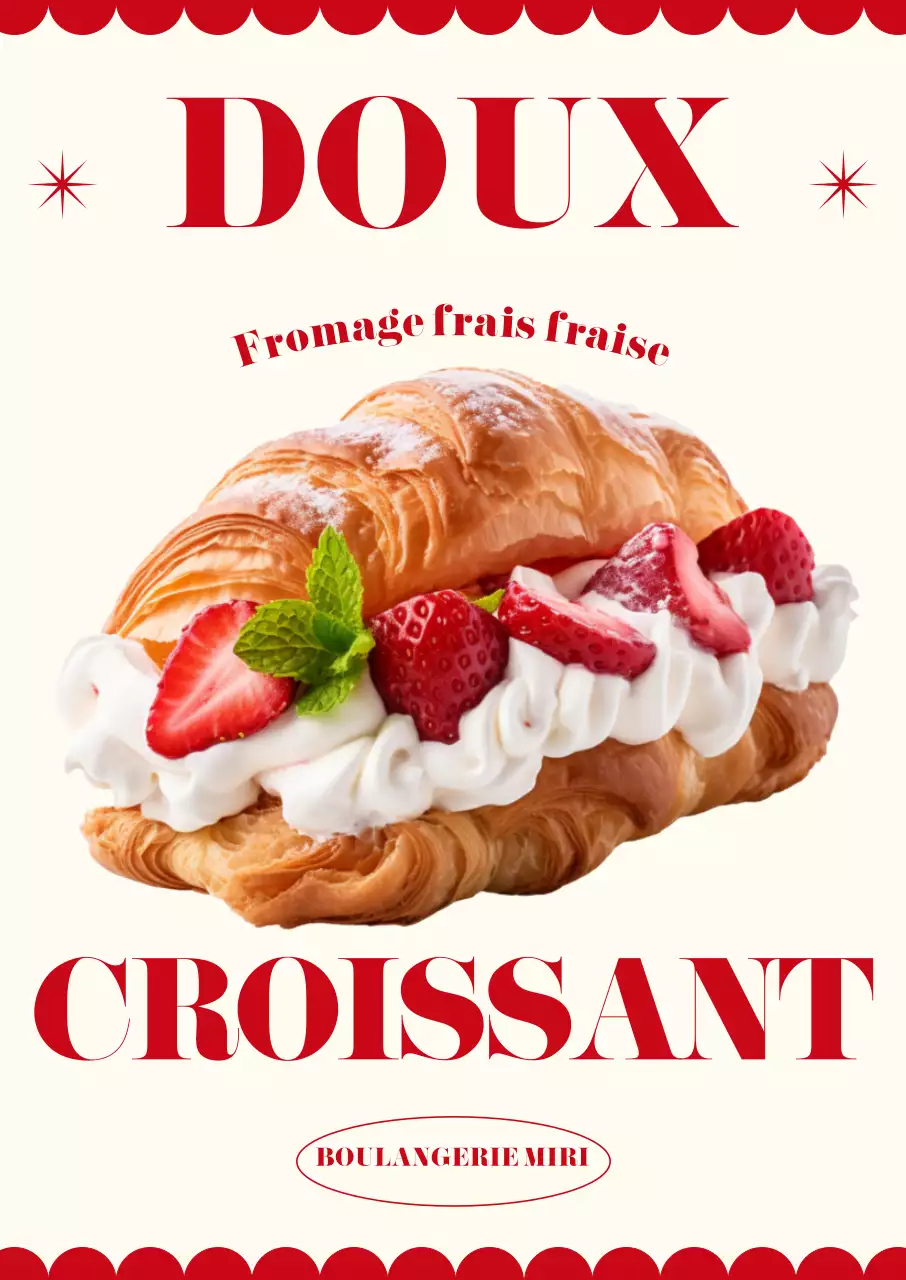 Menu de boulangerie avec des images photoréalistes de croissants, un texte en anglais en gras et des graphiques géométriques