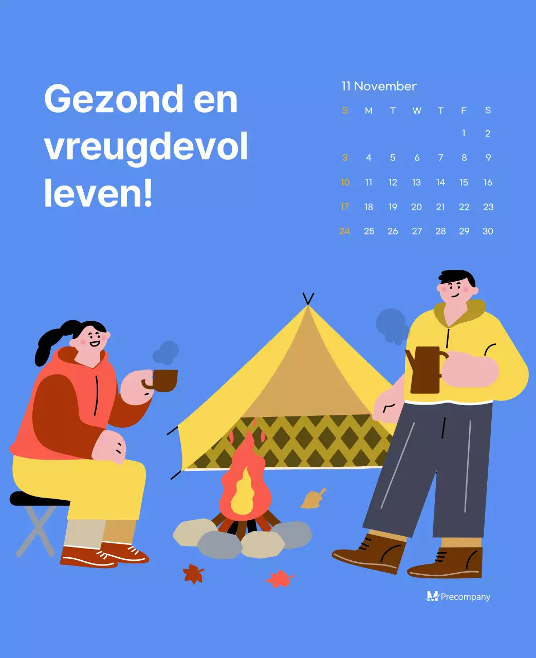Motiverende kalender met energieke illustraties en positieve citaten op een lichtblauwe achtergrond