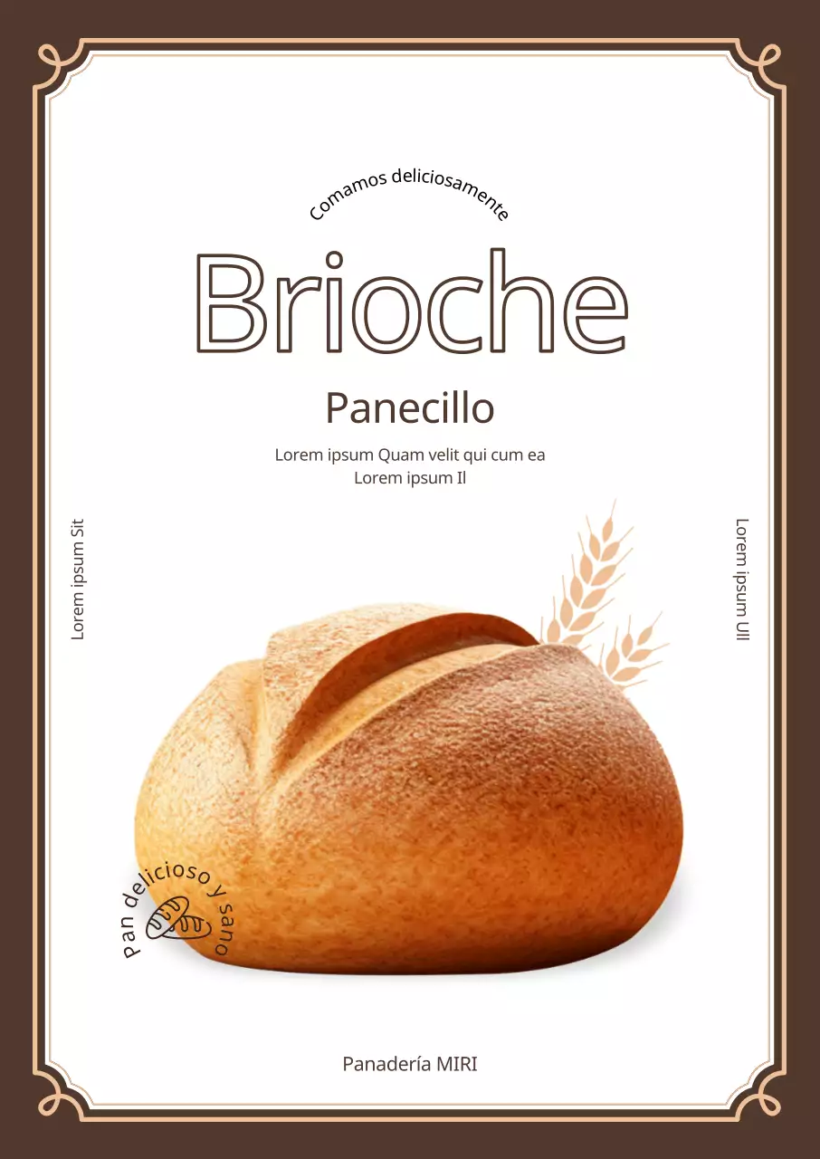 Promocione su panadería con pan y trigo sobre fondo blanco y marrón