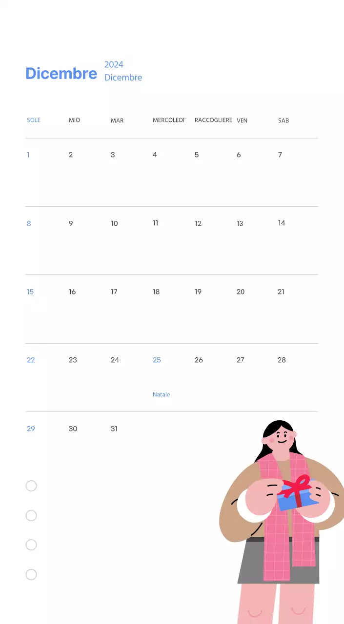 Calendario motivazionale con illustrazioni energetiche e citazioni positive su sfondo azzurro