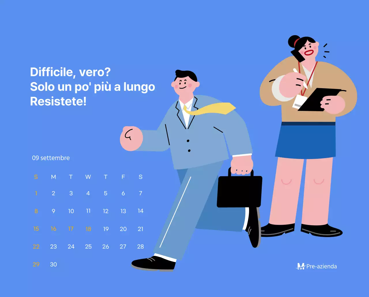 Calendario motivazionale con illustrazioni energetiche e citazioni positive su sfondo azzurro