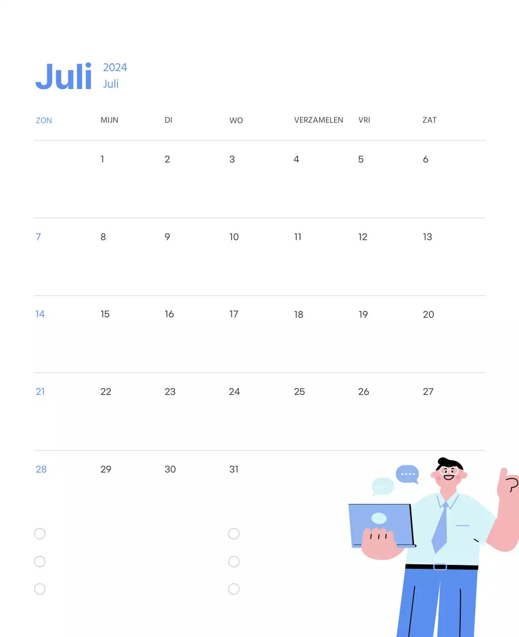 Motiverende kalender met energieke illustraties en positieve citaten op een lichtblauwe achtergrond