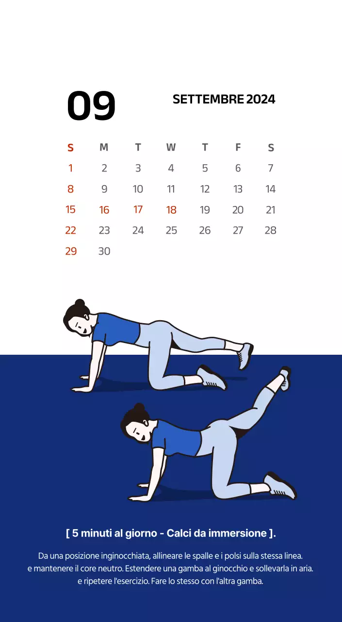 Calendario semplice con illustrazioni pulite in blu