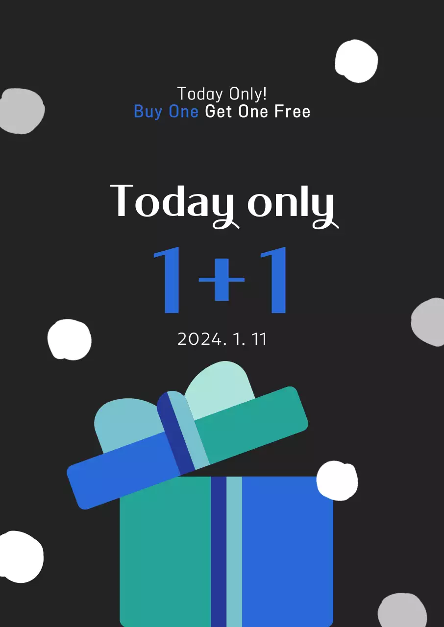 Khuyến mại mùa đông mua 1 tặng 1 nổi bật với hình ảnh hộp quà có điểm nhấn màu xanh trên nền đen.