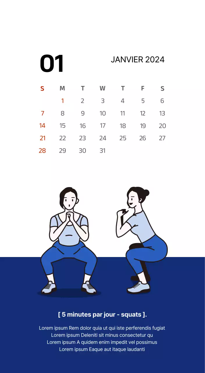 Calendrier simple avec des illustrations épurées en bleu