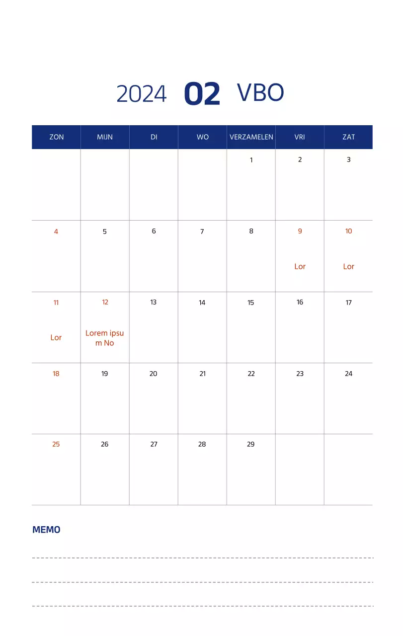 Eenvoudige kalender met strakke illustraties in blauw