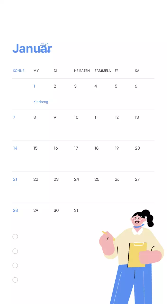 Motivationskalender mit energiegeladenen Illustrationen und positiven Zitaten auf hellblauem Hintergrund