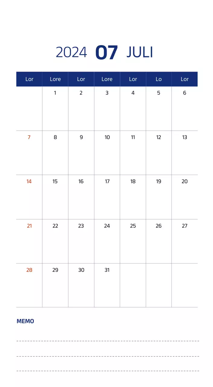 Eenvoudige kalender met strakke illustraties in blauw