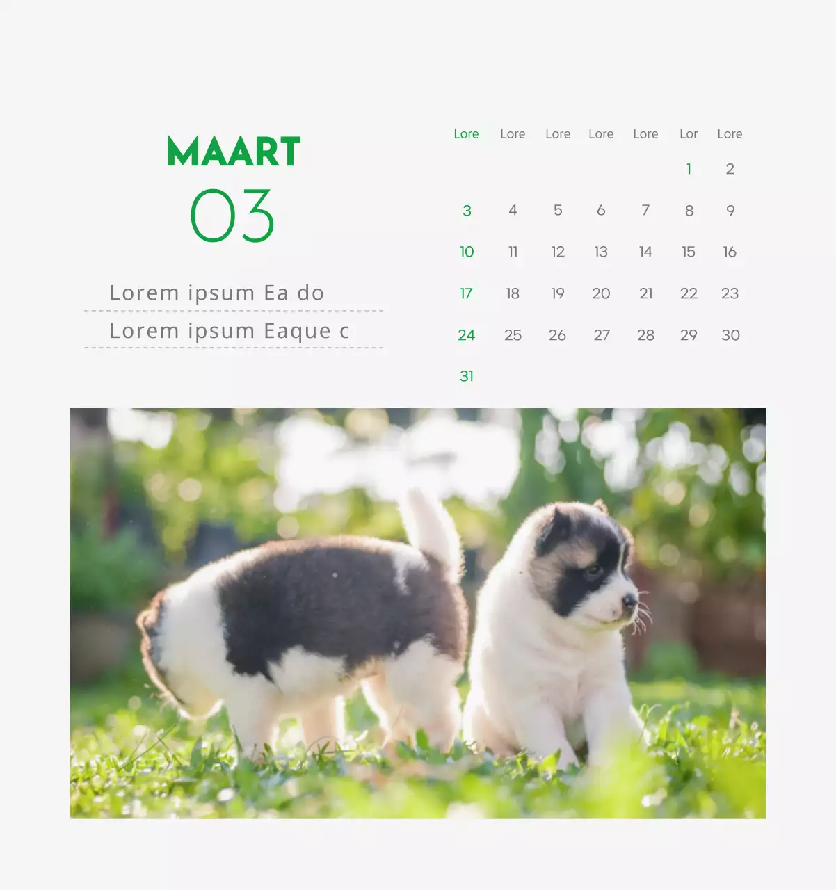 Een kalender met een afbeelding van een puppy en een schattige boodschap in groene accenten