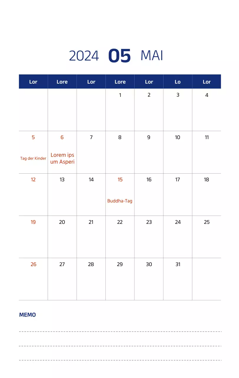 Einfacher Kalender mit klaren Illustrationen in Blau