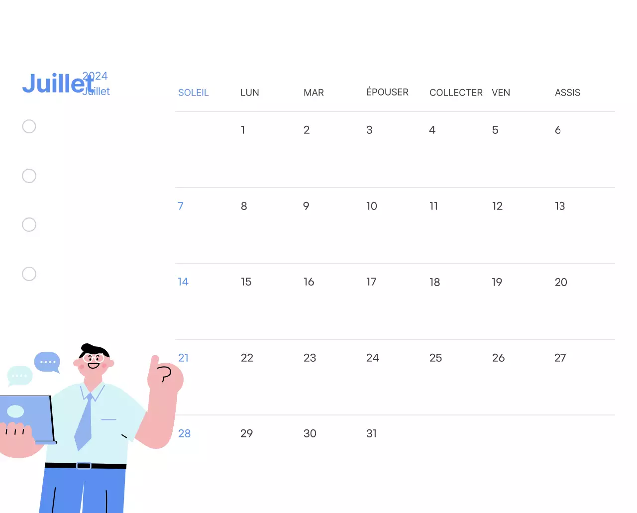 Calendrier de motivation avec des illustrations énergiques et des citations positives sur un fond bleu clair