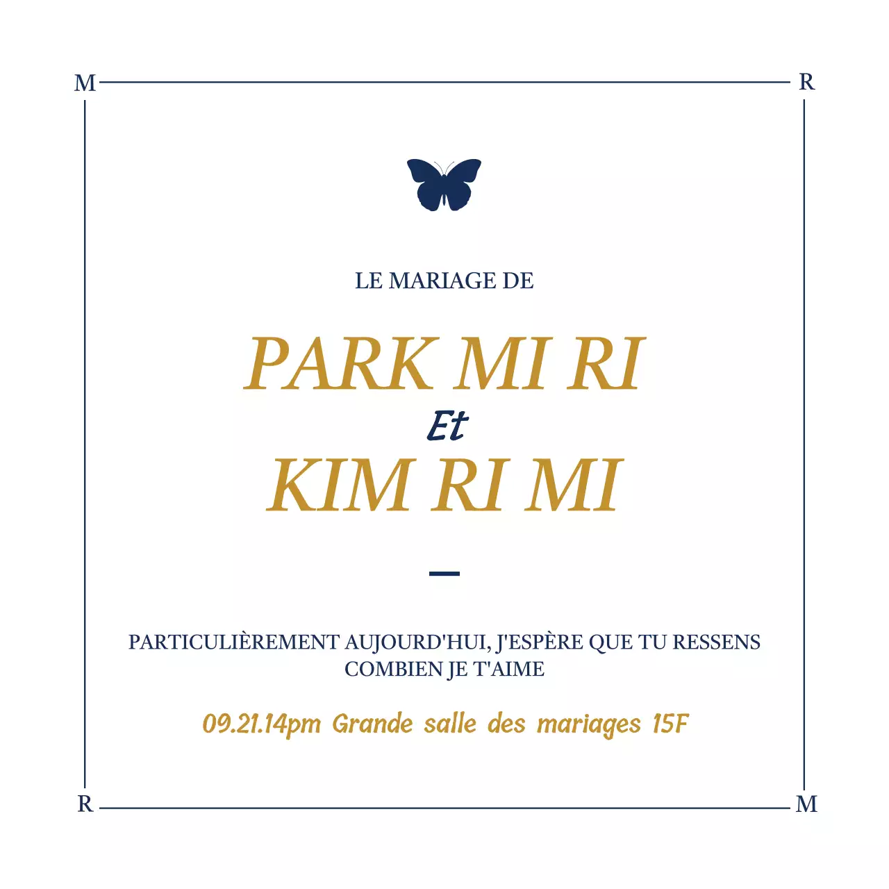 Invitation de mariage luxueuse avec illustrations de papillons en blanc et bleu marine