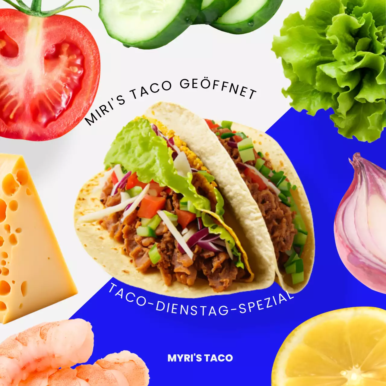 Werbung für eine trendige Taco-Marke in Blau und Grau