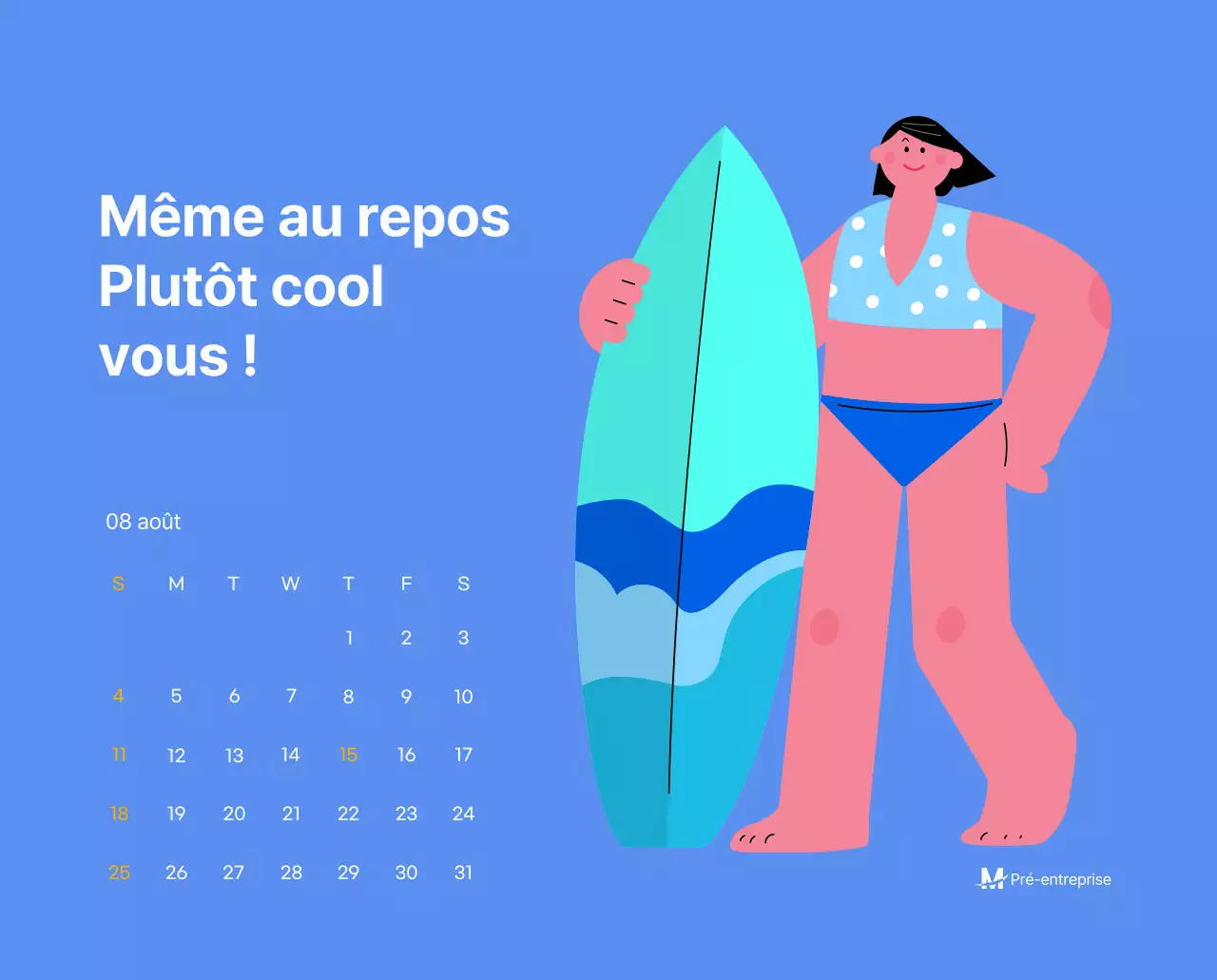 Calendrier de motivation avec des illustrations énergiques et des citations positives sur un fond bleu clair