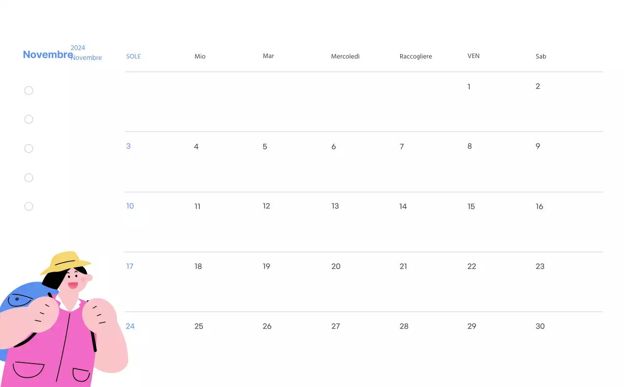 Calendario motivazionale con illustrazioni energetiche e citazioni positive su sfondo azzurro