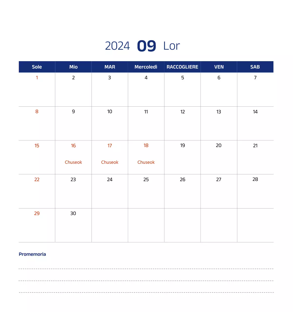 Calendario semplice con illustrazioni pulite in blu