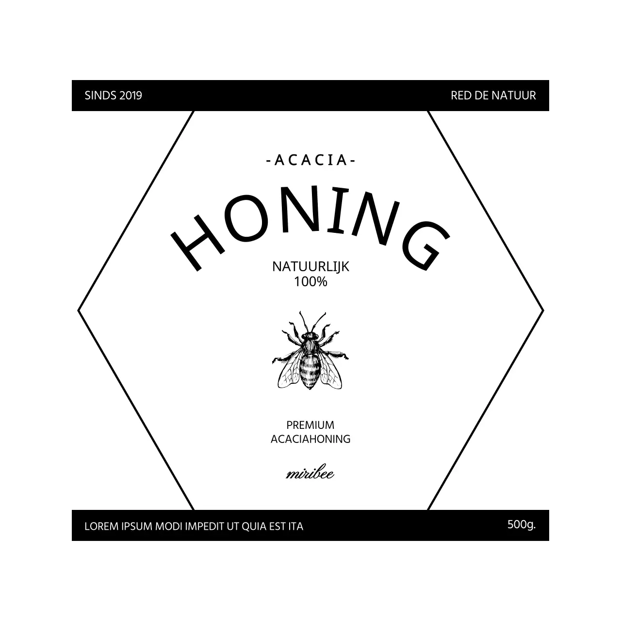 Eenvoudig, vintage honingetiket met zwart-witte bijenillustratie