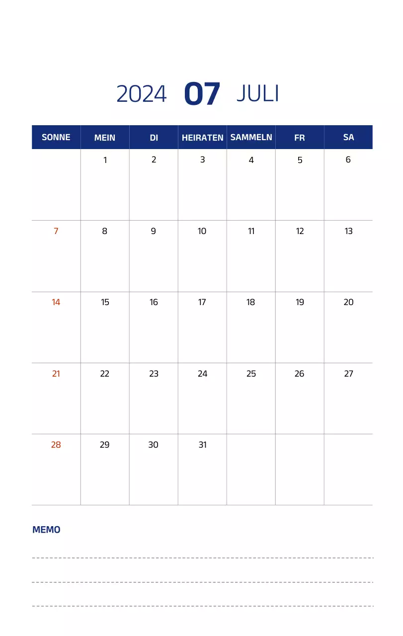 Einfacher Kalender mit klaren Illustrationen in Blau