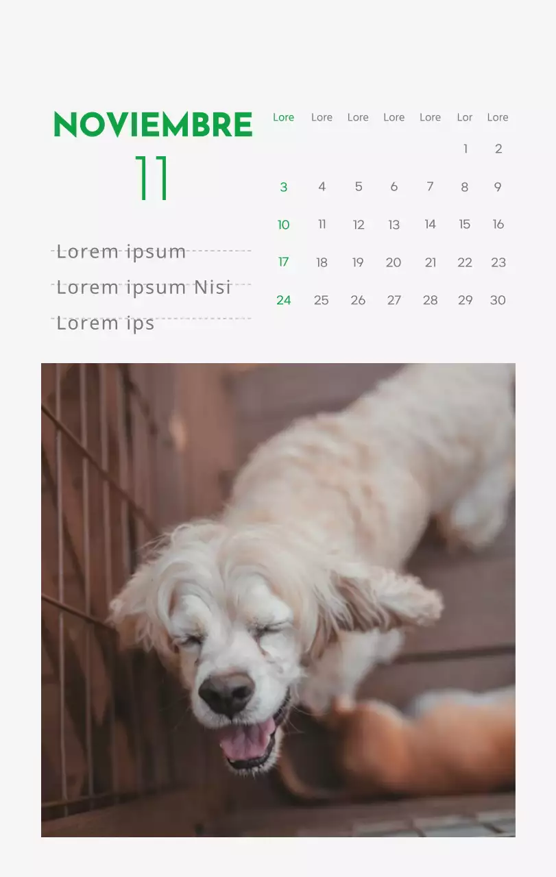 Un calendario con la imagen de un cachorro y un bonito mensaje en tonos verdes.