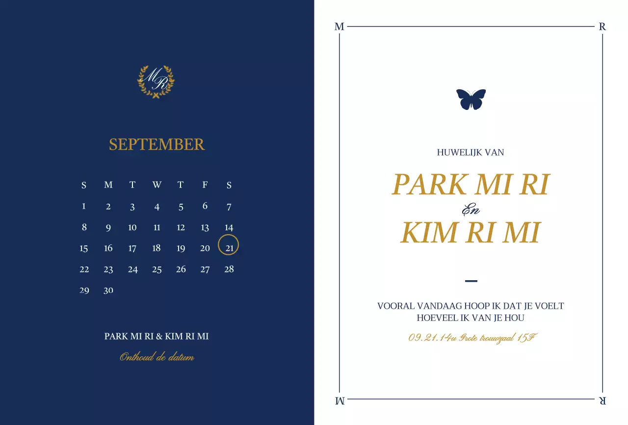 Klassiek ontwerp huwelijksuitnodiging met vlinderillustraties in wit en marineblauw