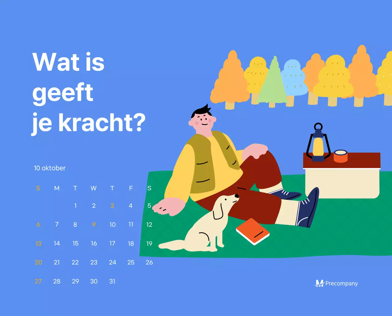 Motiverende kalender met energieke illustraties en positieve citaten op een lichtblauwe achtergrond