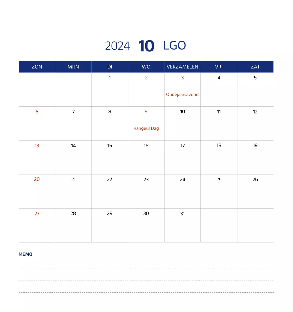 Eenvoudige kalender met strakke illustraties in blauw