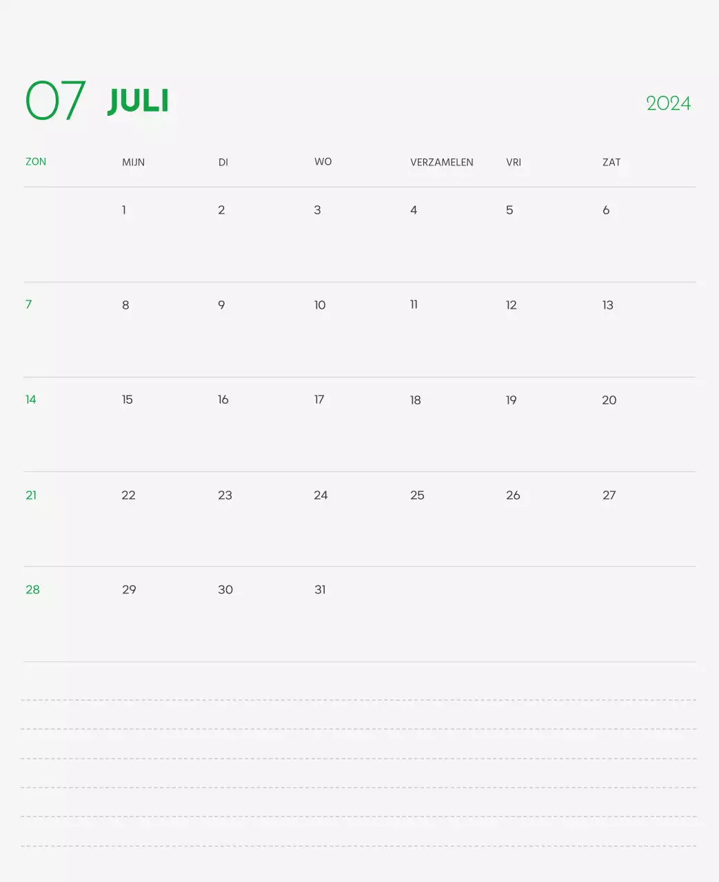 Een kalender met een afbeelding van een puppy en een schattige boodschap in groene accenten