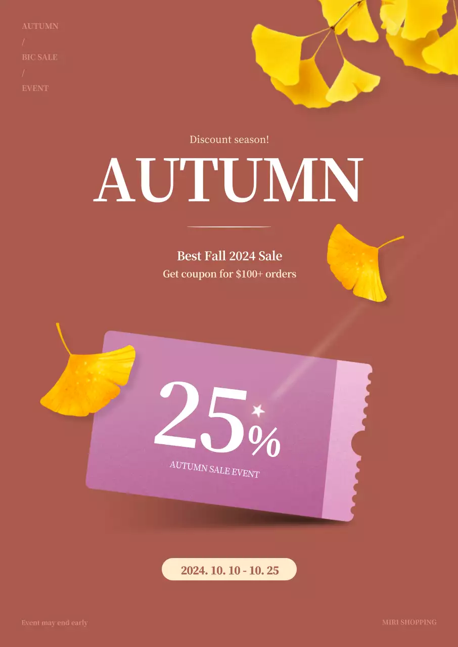 Sự kiện giảm giá mùa thu với lá bạch quả trên nền tông màu nâu nhạt