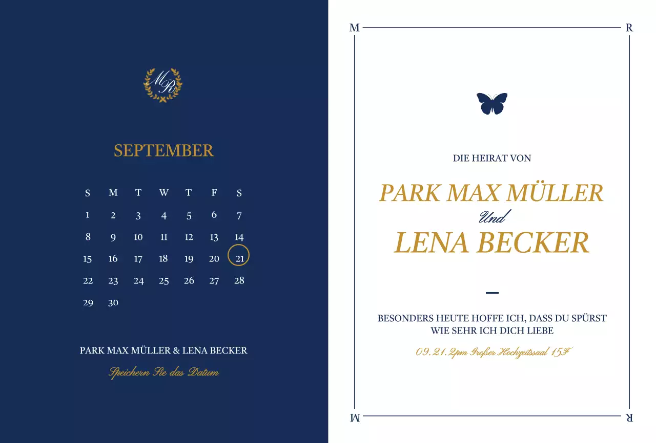 Elegantes Design Hochzeitseinladung mit Schmetterling Illustrationen in weiß und marineblau