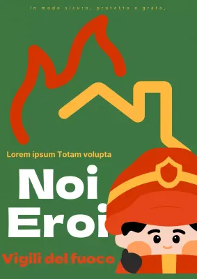 Promuovere una semplice illustrazione di un vigile del fuoco in bianco, giallo e rosso su sfondo verde.
