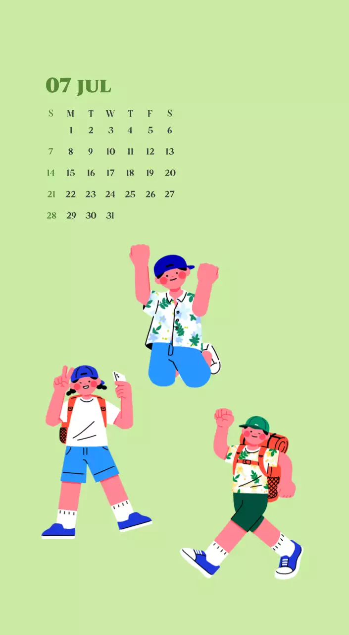 Kalender mit Jugendillustrationen auf gelbem und grünem Hintergrund