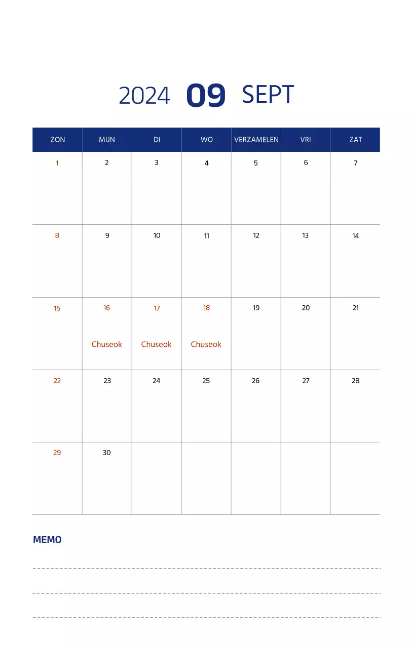 Eenvoudige kalender met strakke illustraties in blauw