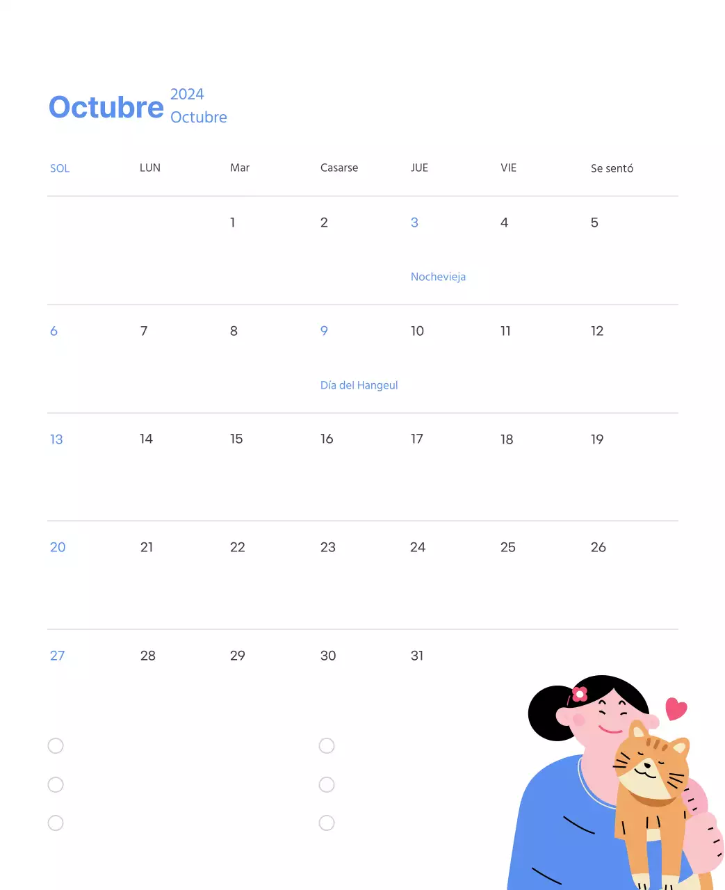 Calendario motivacional con ilustraciones llenas de energía y citas positivas sobre fondo azul claro
