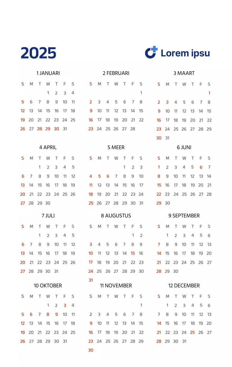 Eenvoudige kalender met strakke illustraties in blauw