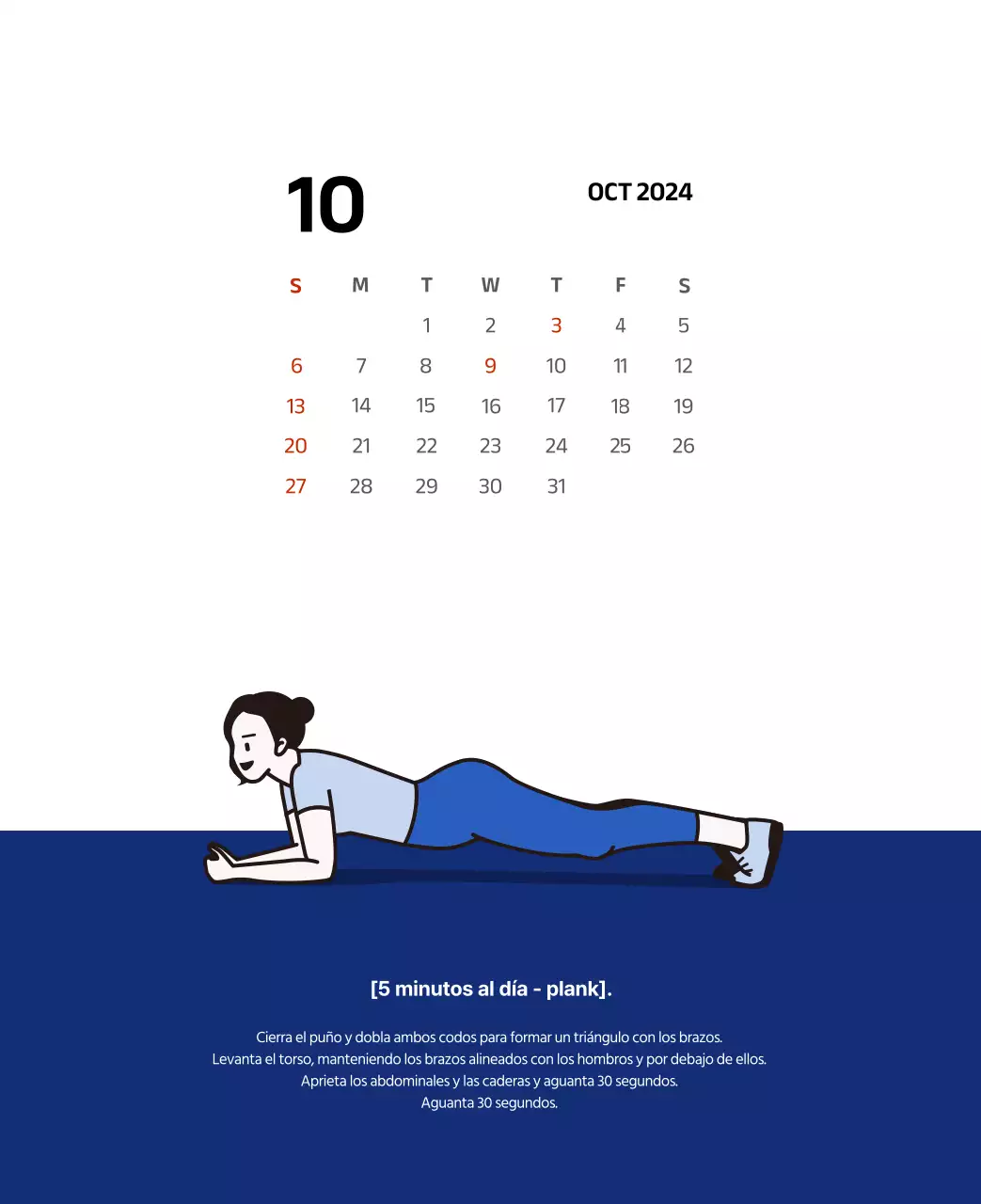 Calendario sencillo con ilustraciones limpias en azul