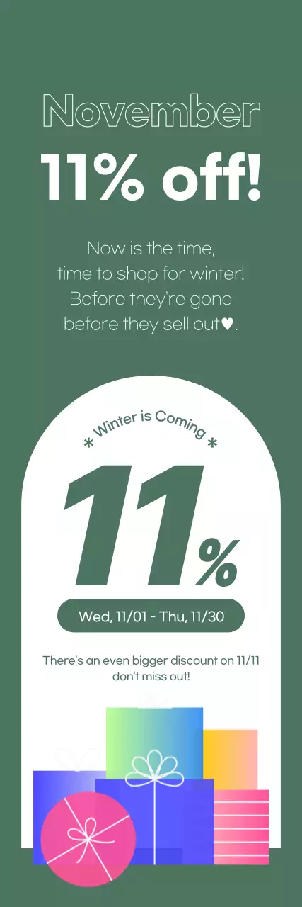 Evento com 11% de desconto destacado em contraste branco sobre um fundo verde