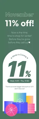 Evento com 11% de desconto destacado em contraste branco sobre um fundo verde