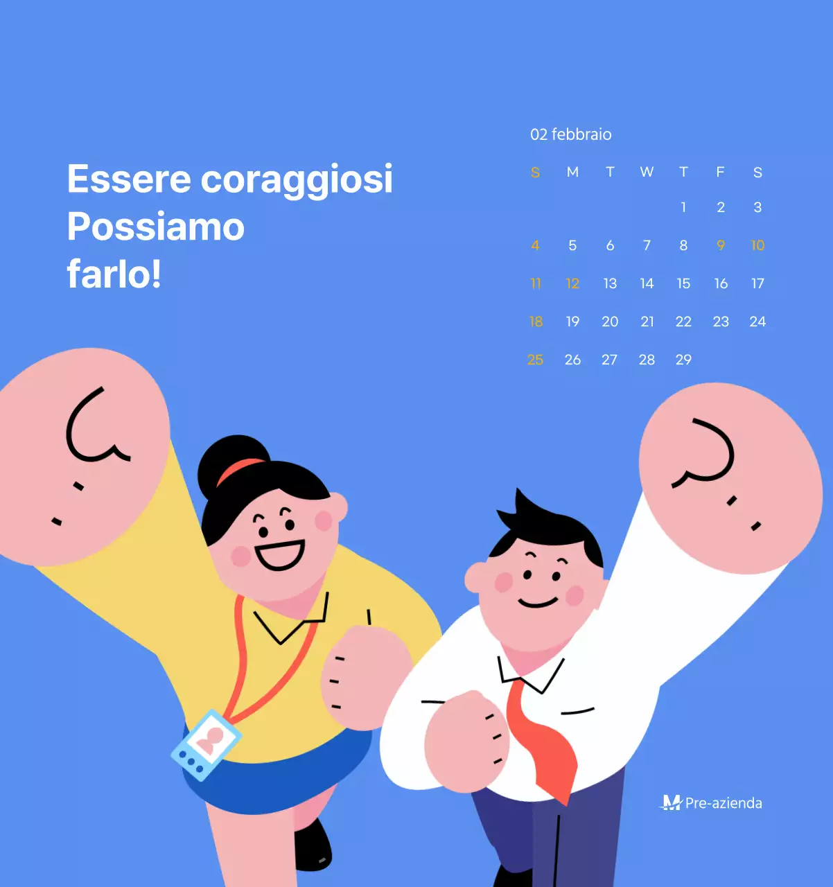 Calendario motivazionale con illustrazioni energetiche e citazioni positive su sfondo azzurro