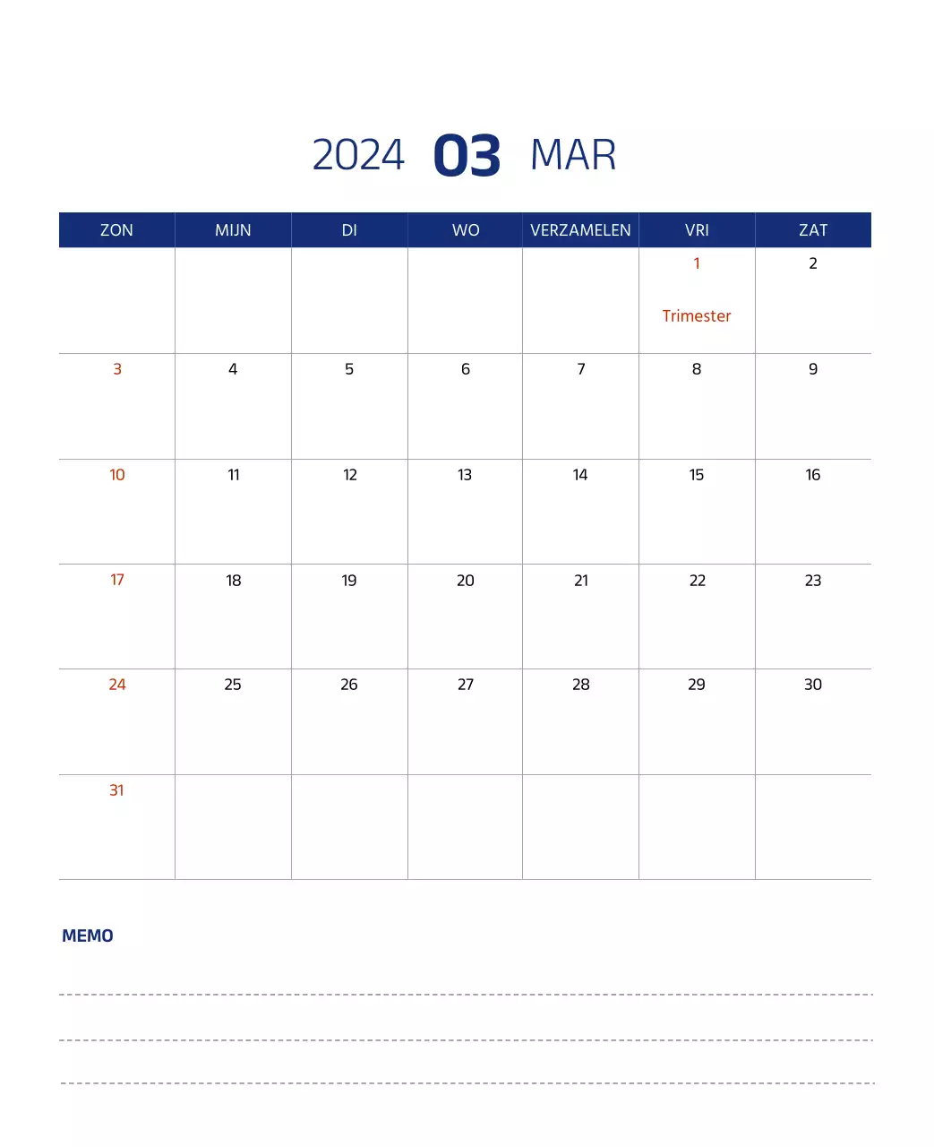 Eenvoudige kalender met strakke illustraties in blauw