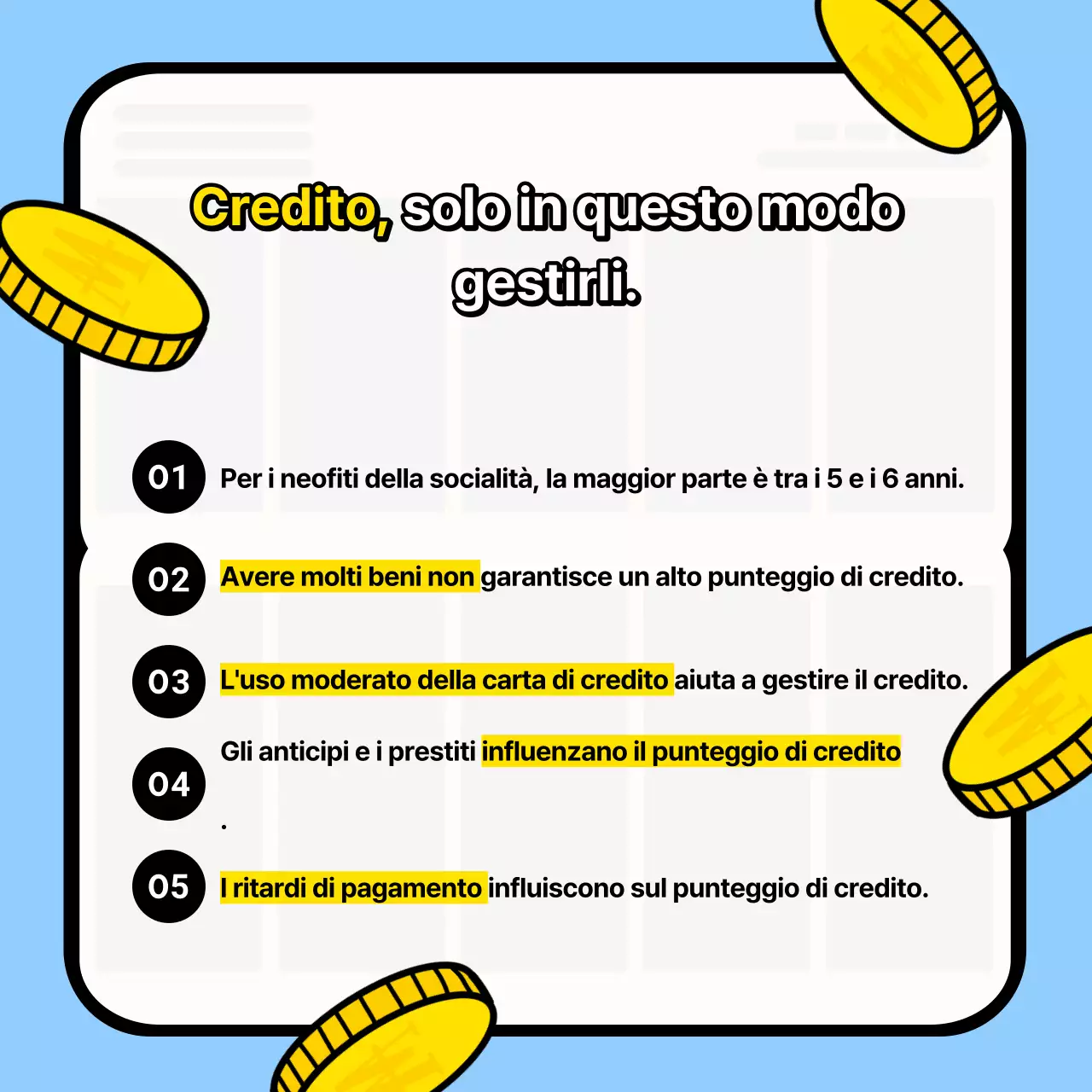 Materiale di formazione per la gestione del credito con sfondo azzurro, dal sapore kitsch