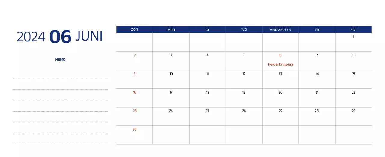 Eenvoudige kalender met strakke illustraties in blauw