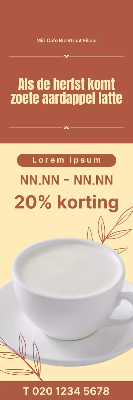 Sweet Potato Latte banner met herfstbladvormen op een gele en bruine achtergrond