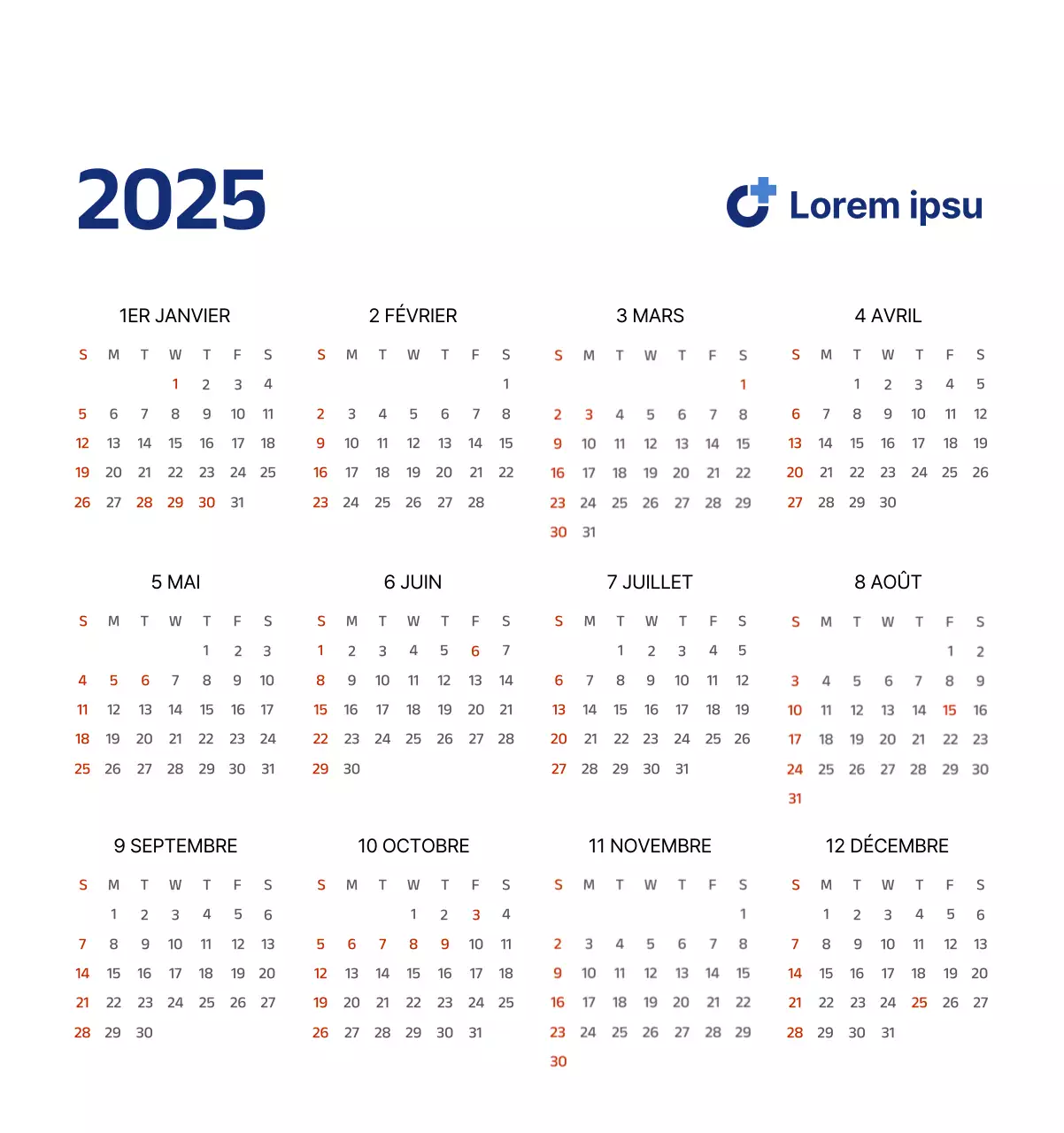 Calendrier simple avec des illustrations épurées en bleu
