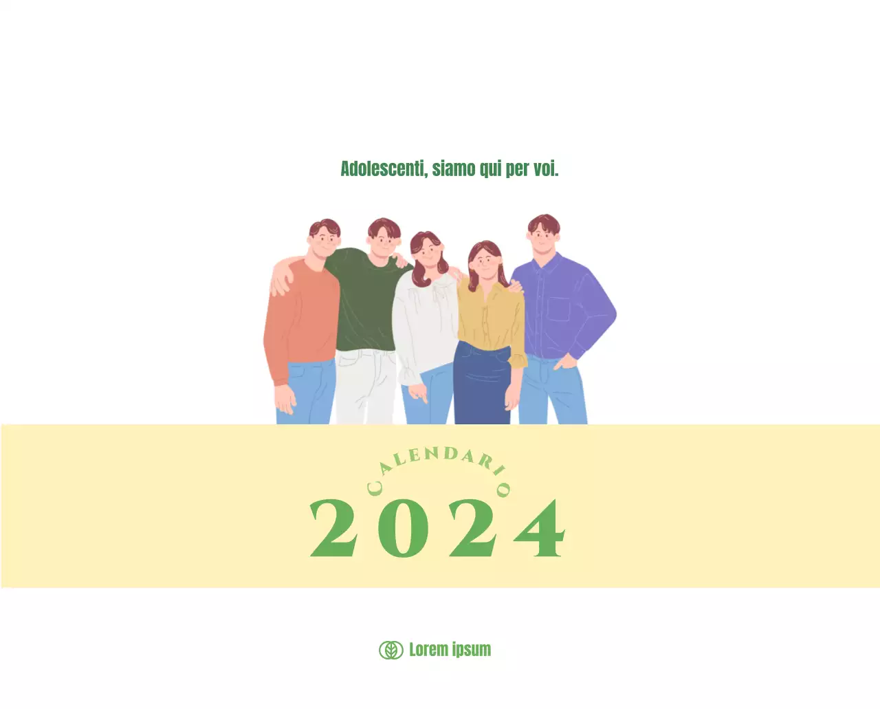 Calendario con illustrazioni giovanili su sfondo giallo e verde