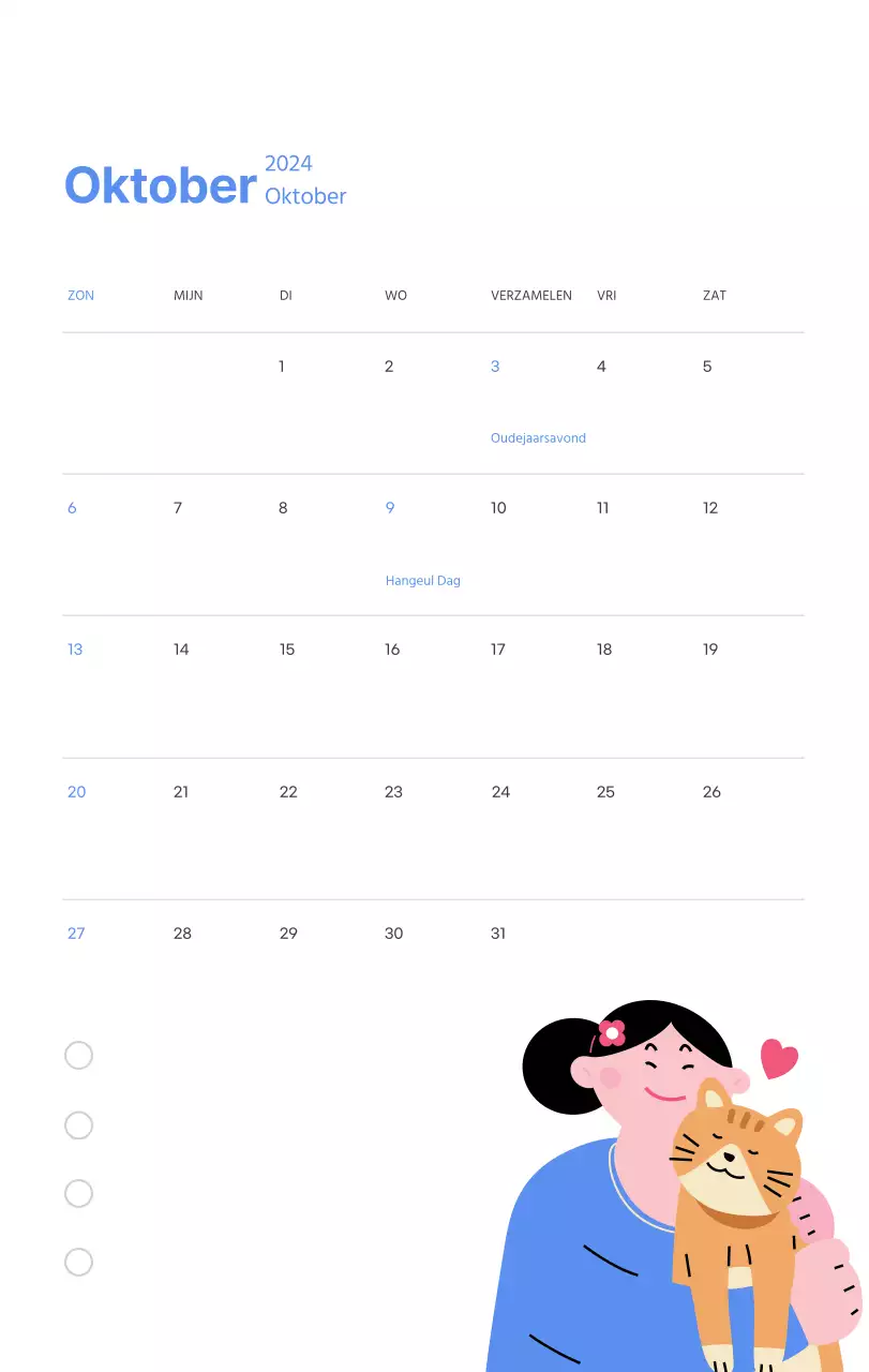 Motiverende kalender met energieke illustraties en positieve citaten op een lichtblauwe achtergrond
