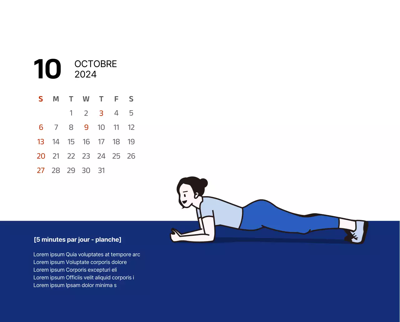 Calendrier simple avec des illustrations épurées en bleu