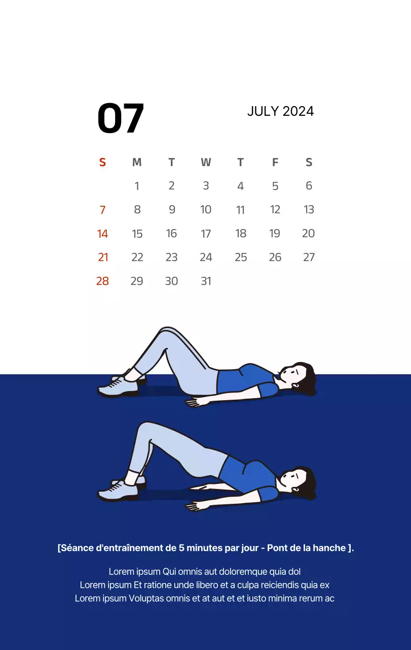 Calendrier simple avec des illustrations épurées en bleu