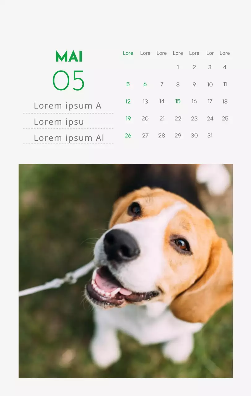 Un calendrier avec la photo d'un chiot et un message mignon aux accents verts.