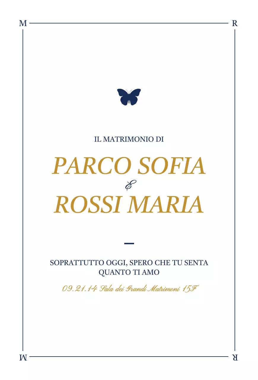 Invito di nozze dal design elegante con illustrazioni di farfalle in bianco e blu navy