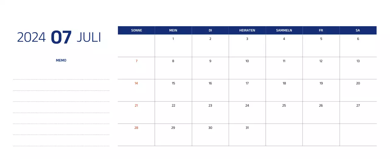 Einfacher Kalender mit klaren Illustrationen in Blau